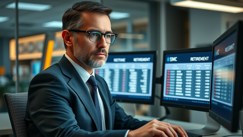 professional business owner analyzing retirement savings vehicles side by side on dual screens; comparison of SEP IRA, SIMPLE IRA, defined benefit, and solo 401(k) plans
