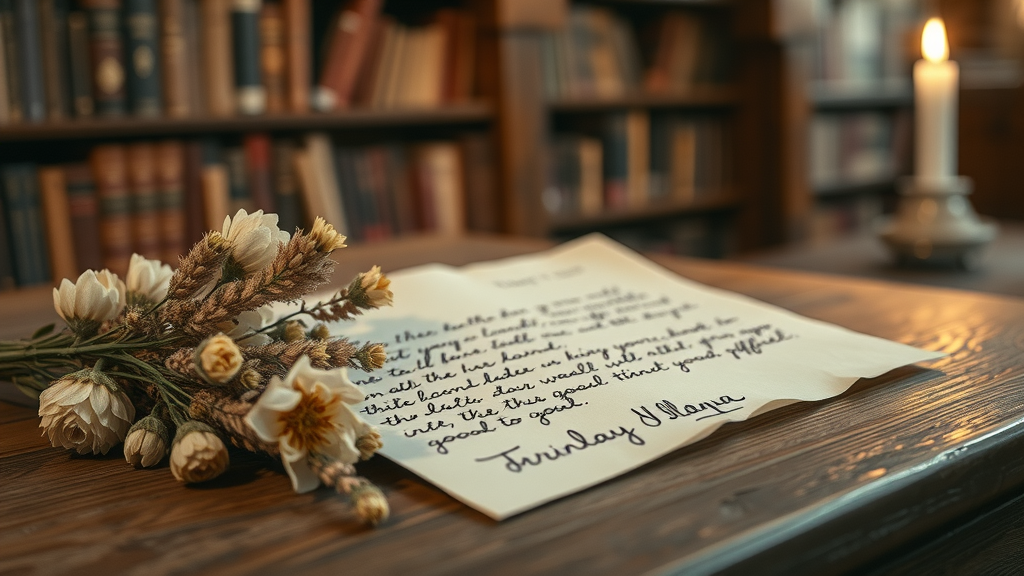 penned letter on a wooden table, surrounded by dried flowers, softly lit study