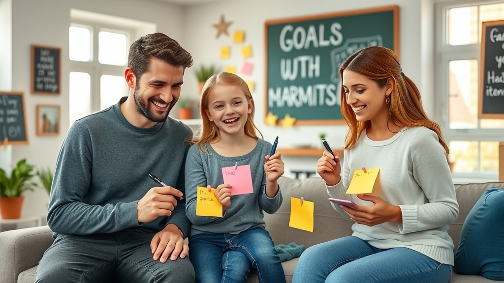Family financial goals motivated family writing individual and shared goals on sticky notes