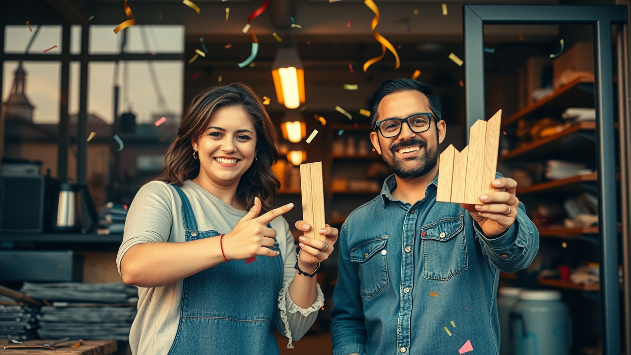 Inspiring small business transformation, owners celebrating financial growth milestone, financial planning for small businesses, store front, vibrant colors