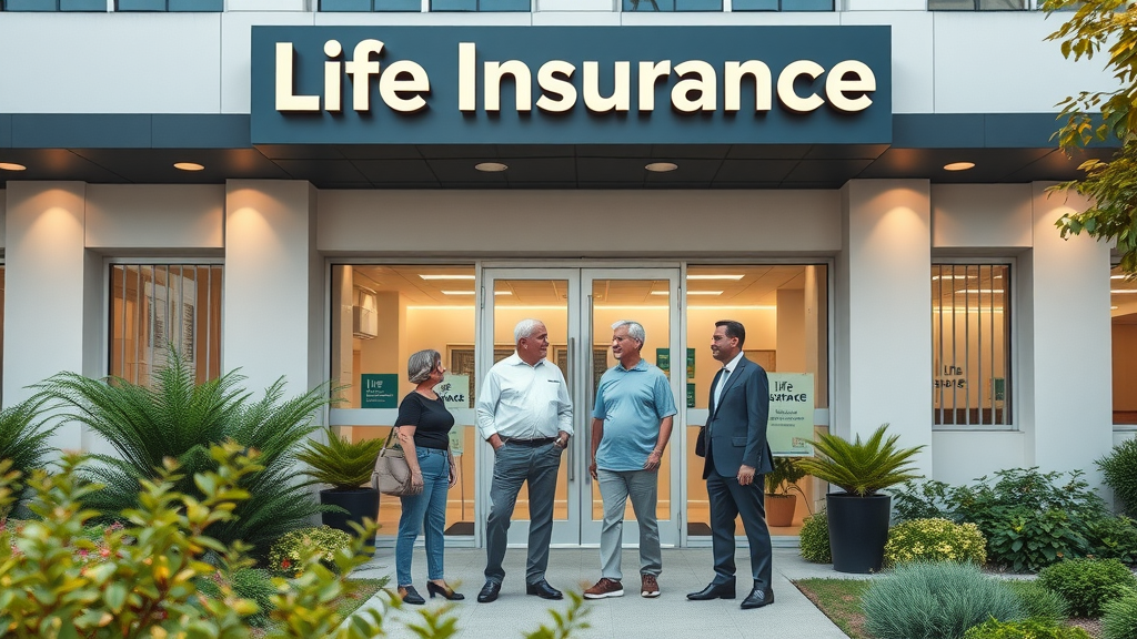 insurance company with welcoming staff greeting a senior couple, trust-inspiring modern exterior