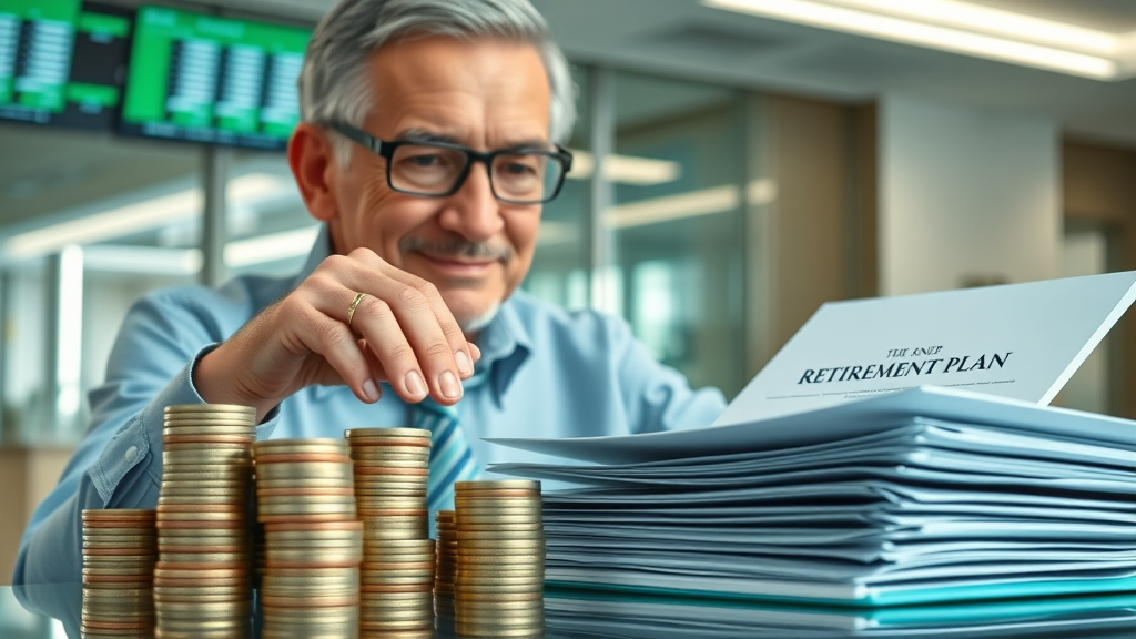 Retirement-aged individual placing coins next to folders labeled for retirement plans, indexed universal life insurance comparison, modern bank office