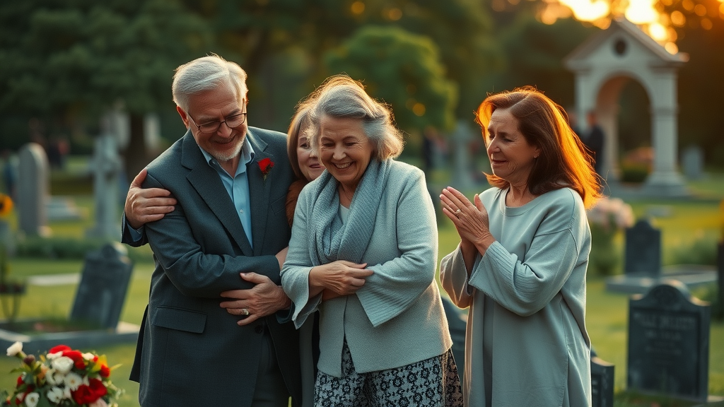 Relieved multigenerational family embracing after a funeral thanks to burial insurance benefits