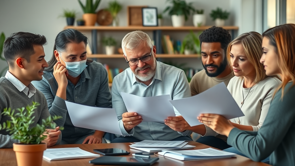 dynamic diverse group of adults discussing wealth building strategies in a modern comfortable home office