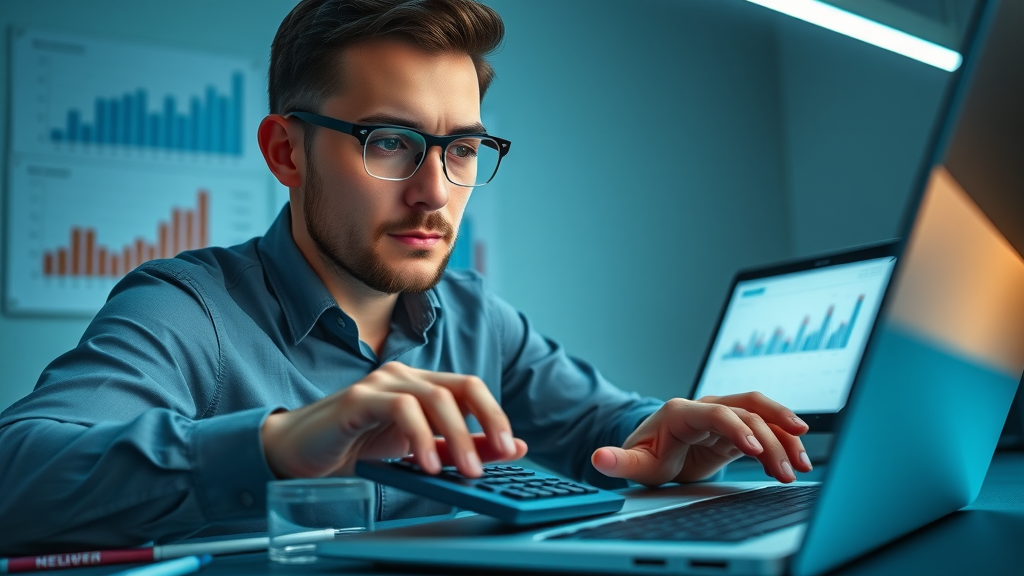 Analytical professional calculating finances, financial security in retirement, modern workspace with charts and calculator