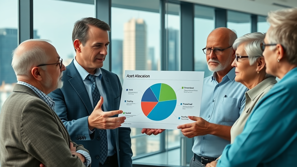 Financial advisor presenting a diversified asset allocation pie chart to retirees, explaining risk balancing for optimal nest egg security.