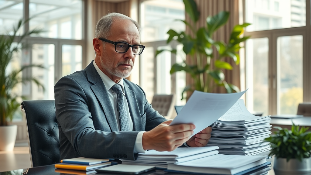 Organized financial documents, confident middle-aged planner, financial security in retirement, reviewing retirement plans