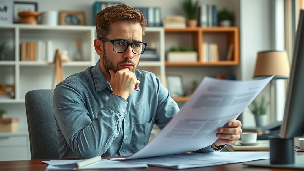 concerned small business owner reviewing financial papers for small business retirement planning