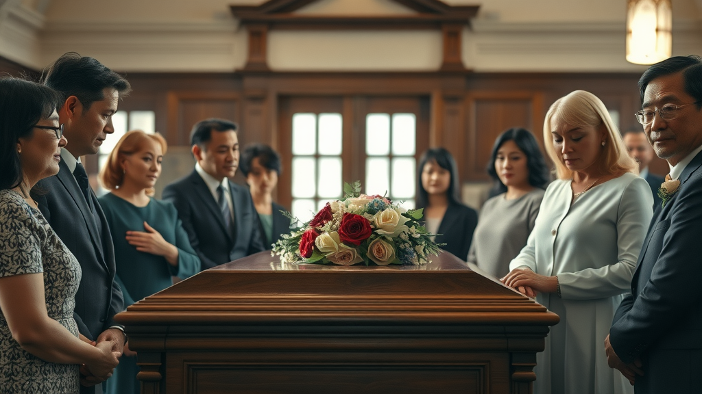 family gathered for a funeral covered with final expense coverage, polished casket, floral arrangement, natural light in chapel