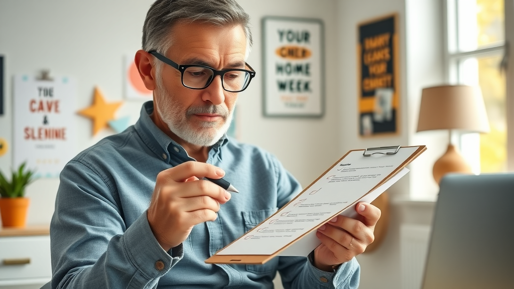 organized senior creating a checklist for selecting a senior life insurance policy in a bright home office