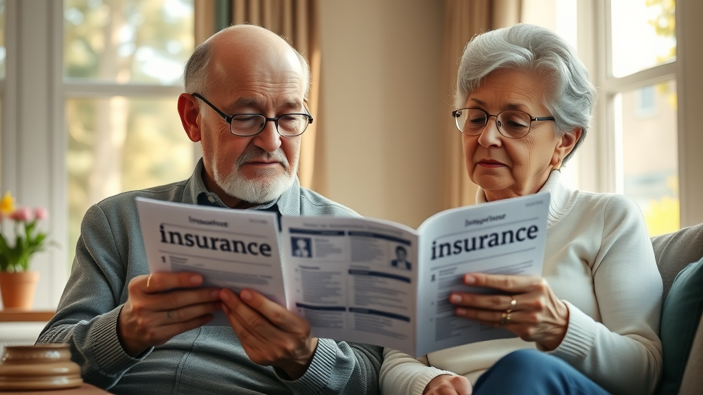 insurance for seniors - elderly couple reviewing insurance options and brochures