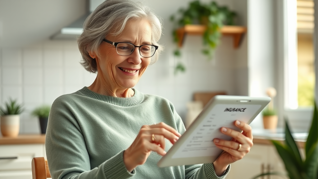 Relieved senior woman applying for final expense insurance on her tablet, feeling optimistic and secure.