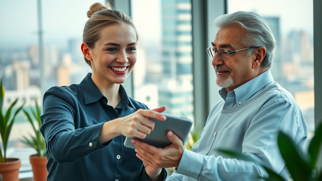 friendly insurance agent helping client fill out a final expense coverage application with a tablet in a modern office