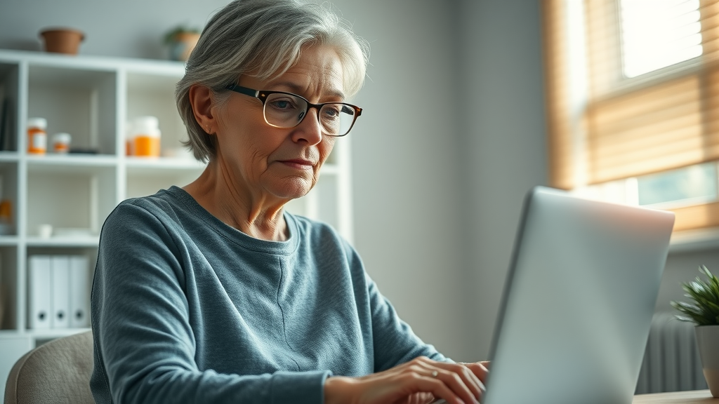 focused senior woman reviewing prescription drug coverage on laptop with bottles, insurance plan, modern home office