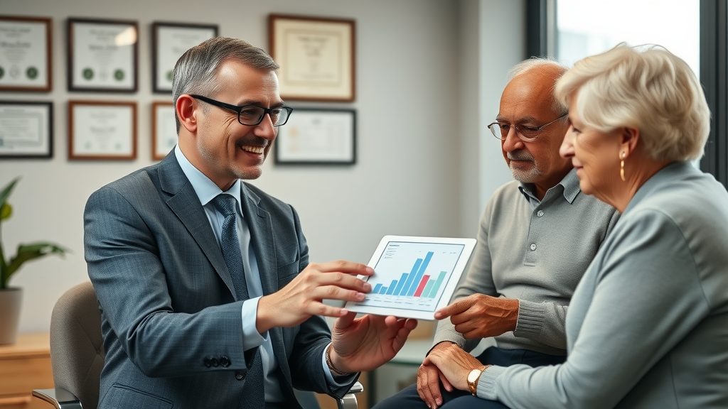 Knowledgeable financial advisor offering guidance, financial security in retirement, advising a senior couple