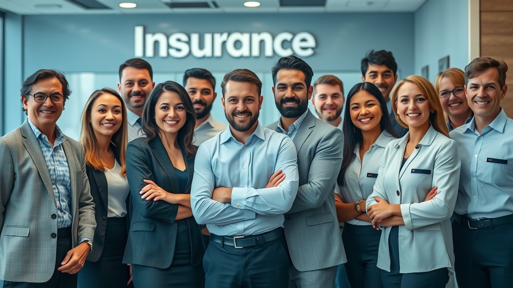 group of friendly insurance provider representatives at office lobby discussing burial insurance quotes