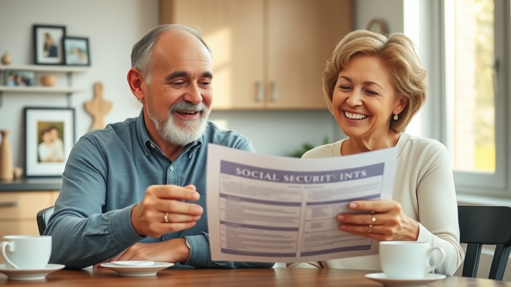 Retired couple reviewing social security and building retirement wealth together at home