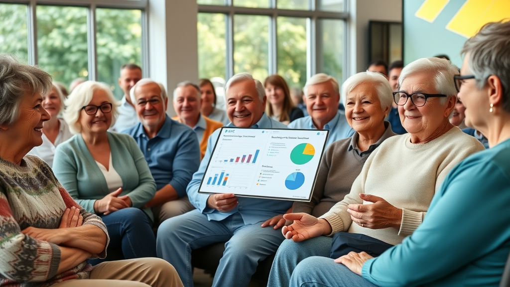 Diverse group of seniors learning about life insurance policy types at seminar