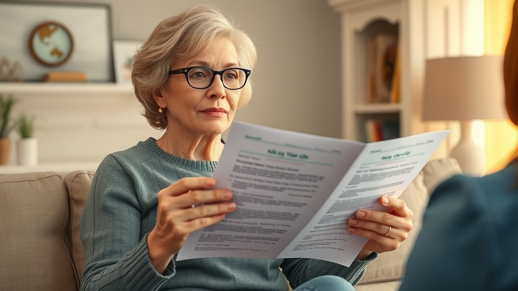 mature woman reviewing universal life insurance policy for retirement security