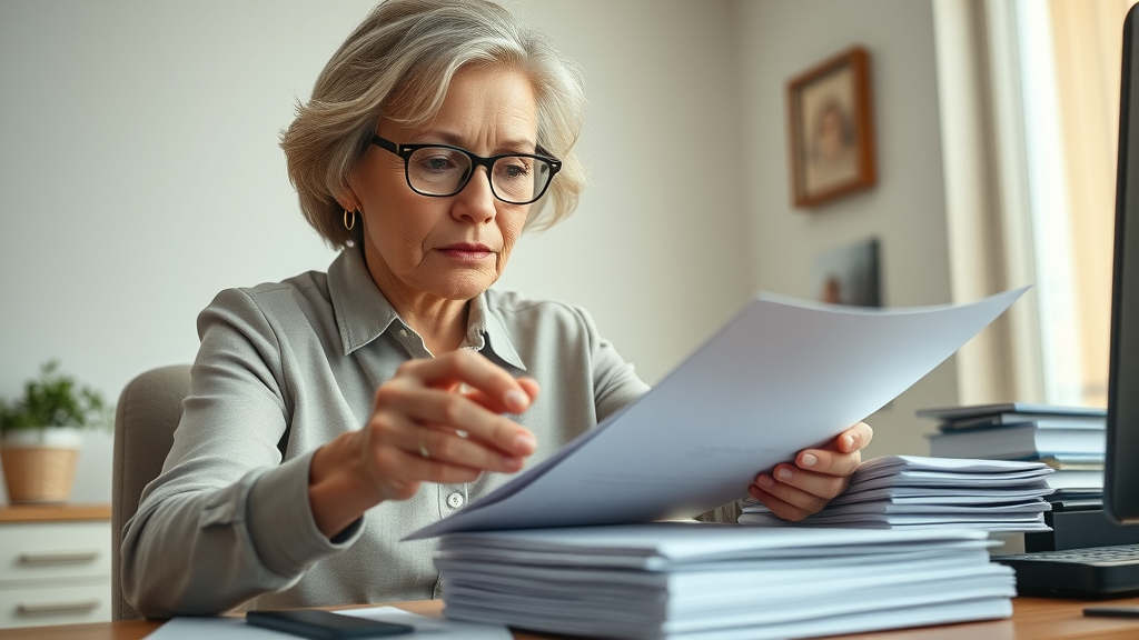 senior woman organizing documents to apply for burial insurance for seniors, desk, paperwork, ID cards, home office