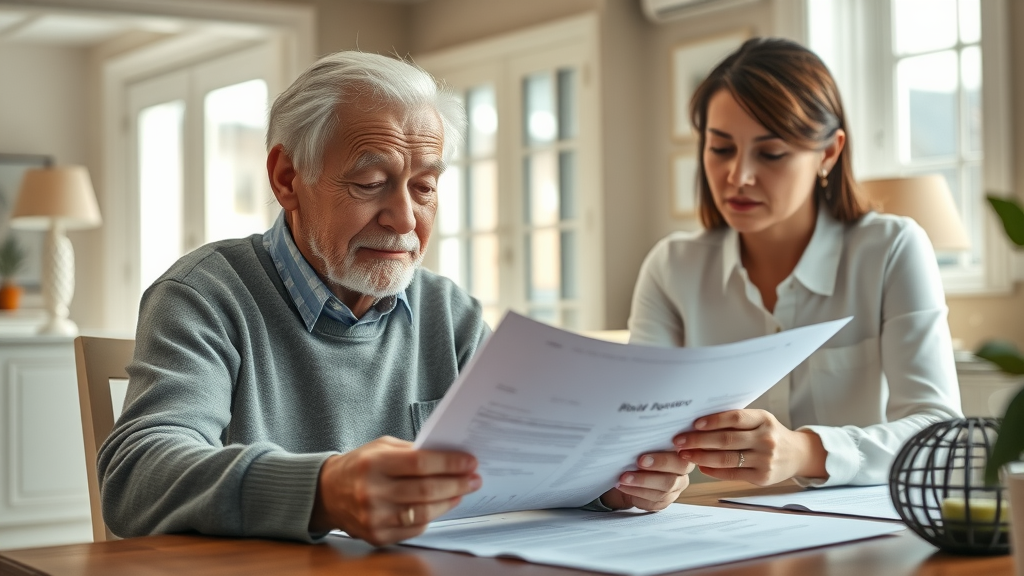 elderly person and adult child reviewing life insurance documents for elderly in a sunlit dining room