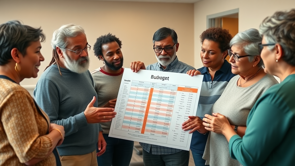 diverse group reviewing burial insurance alternatives and budget options, choosing prepaid burial or term life insurance, community center discussion