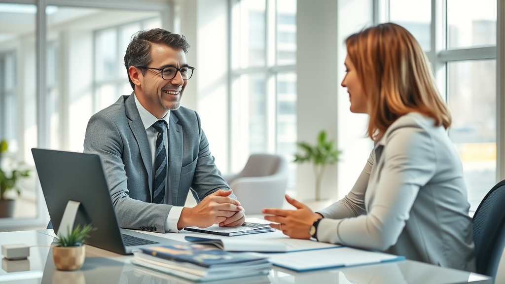 Insurance agent explaining final expense life insurance options to a client in a modern office.