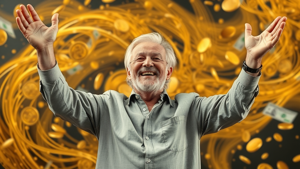 Confident retiree celebrating the success of hidden retirement strategies, golden background symbolizing wealth growth and a strong nest egg.
