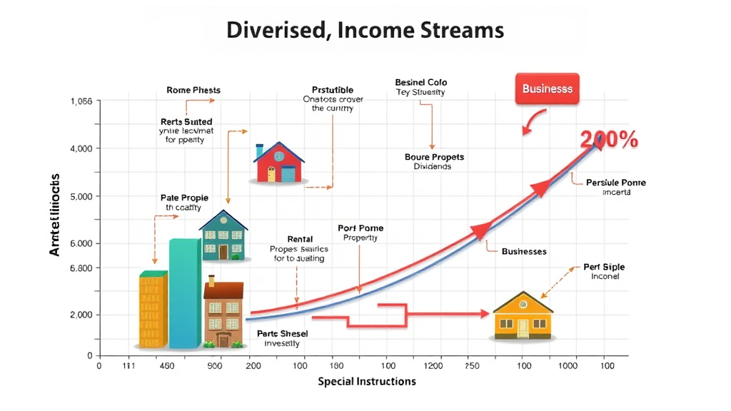 Graph showing diversified income streams for retirement—annuities, rentals, dividends, side businesses—comparing risk, reward, and tax benefit for nest egg growth.