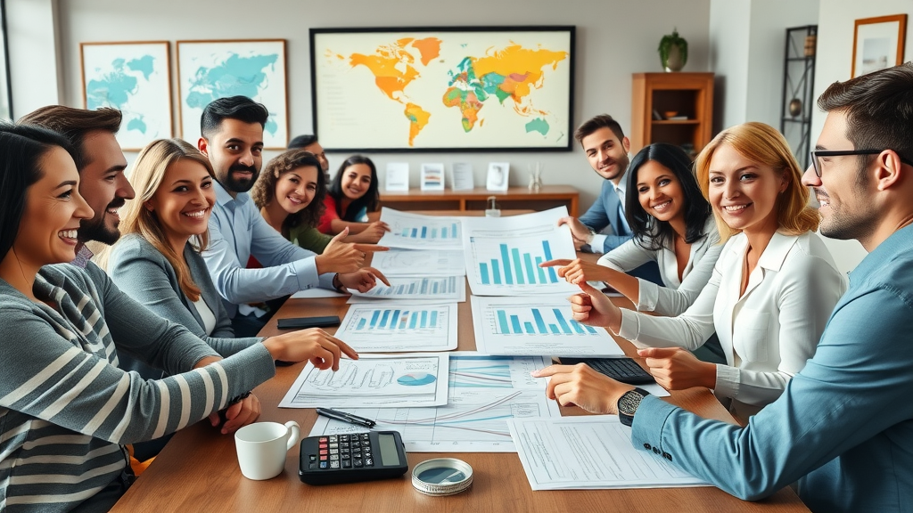 Diverse group of small business owners, decisive and optimistic, gathered around desk with financial charts, life insurance for business owners