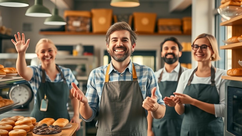 successful small business owner celebrates retirement planning success with employees in bakery