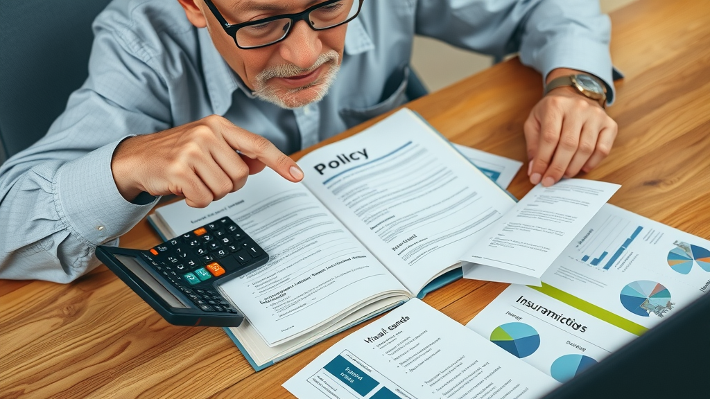 senior man reviewing burial insurance policy highlights for seniors, open policy book, calculator, wooden desk, insurance brochures