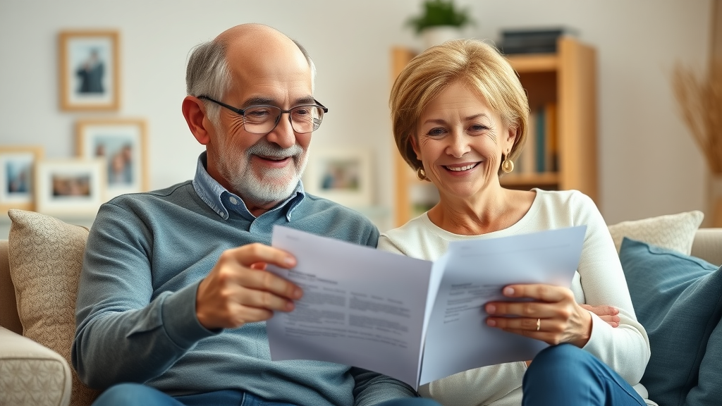 Confident senior couple reviewing life insurance options together in a cozy living room. life insurance for seniors coverage