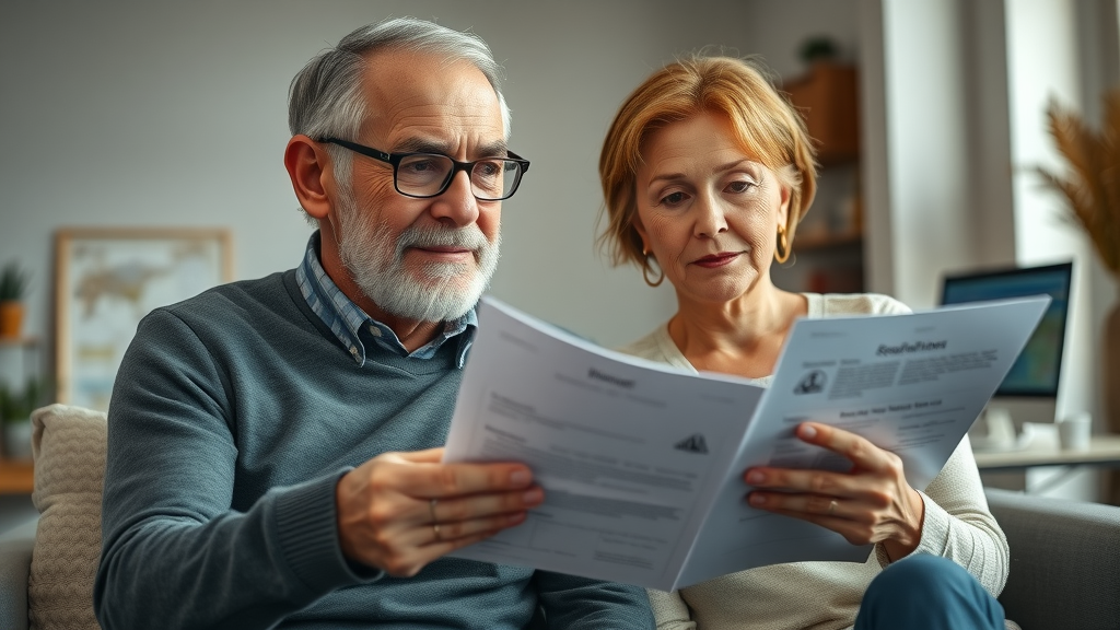 senior couple reviewing finances insurance for retirement security