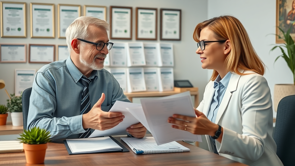 senior citizen and insurance agent reviewing senior life insurance policy documents together, professional setting
