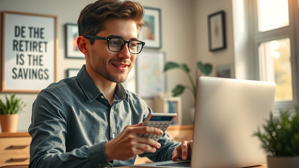 Young professional confidently calculating retirement savings and building retirement wealth at home office