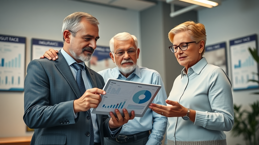 insurance agent comparing burial insurance for seniors with other policies, digital charts, senior couple, modern office
