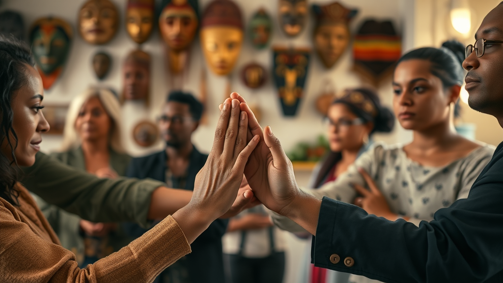 a diverse group holding hands, sharing a moment of silence indoors with cultural artifacts