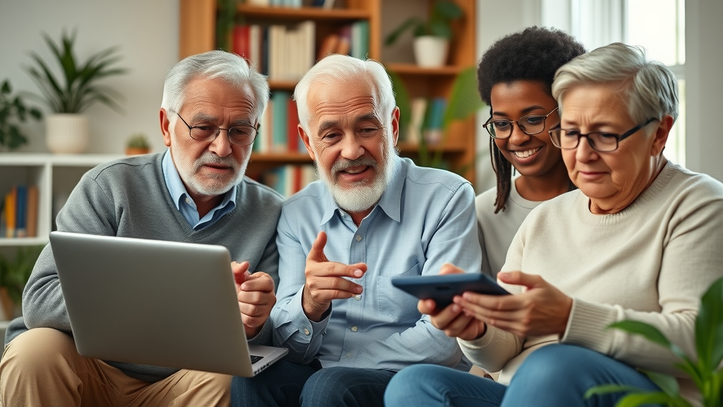 Diverse seniors comparing burial insurance premiums at home with laptops and calculators