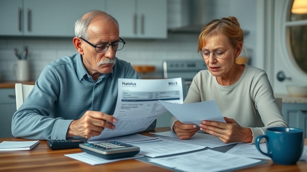 retirement mistakes, worried retired couple reviewing living expenses and unexpected bills