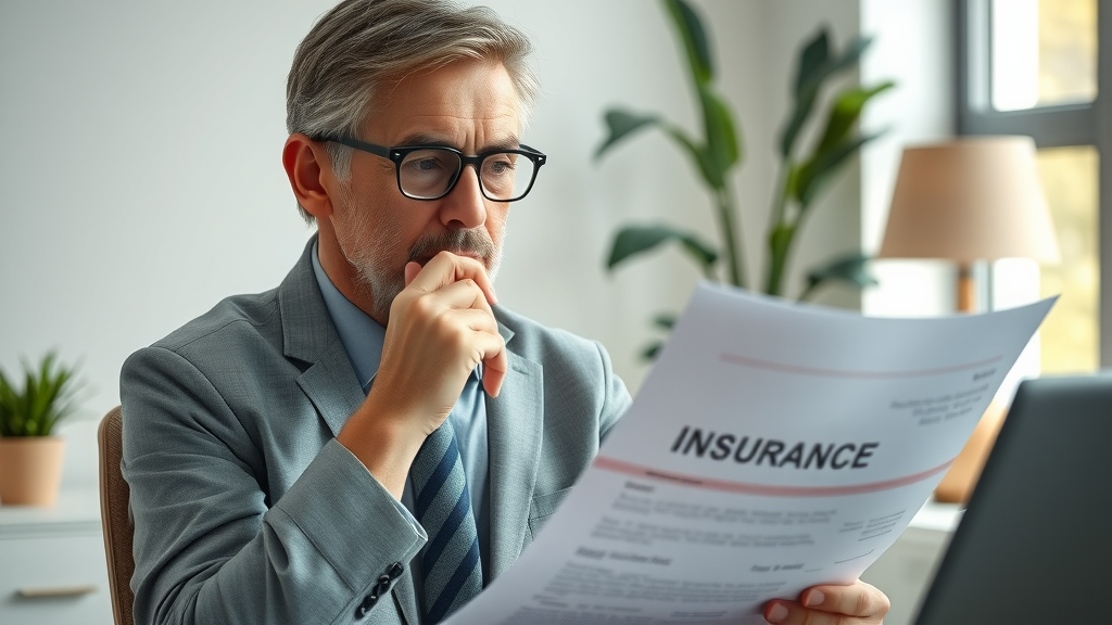 Middle-aged professional reviewing indexed universal life insurance documents in stylish office, thoughtful expression
