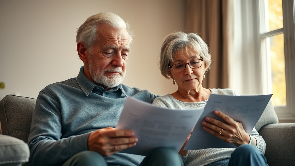 elderly couple reviewing life insurance documents together in a cozy living room for life insurance for elderly