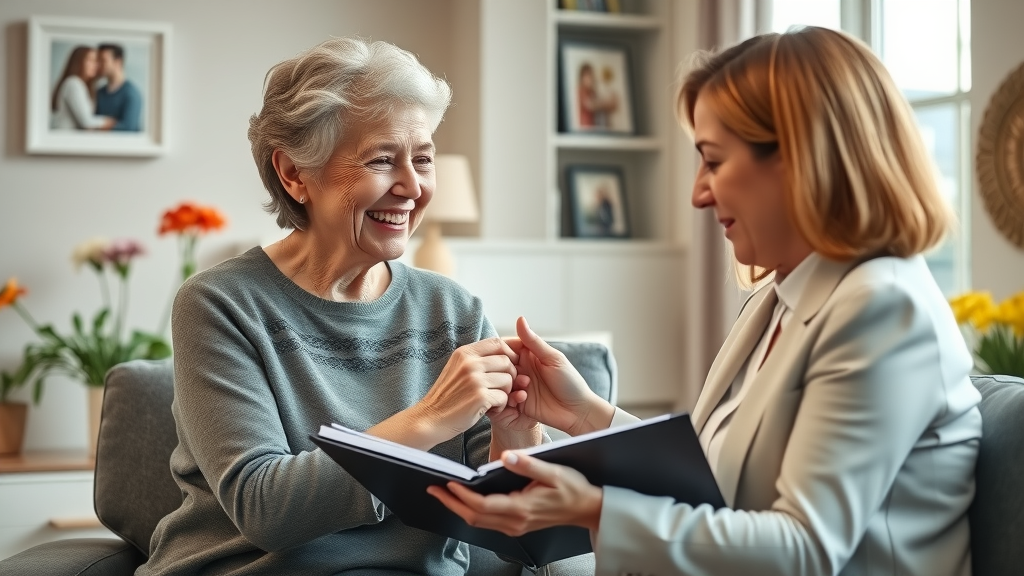 Reassuring senior woman meeting insurance agent to discuss final expense and burial insurance options