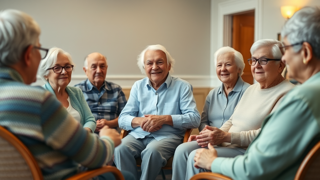 senior citizens discussing Social Security benefits and retirement planning in community center
