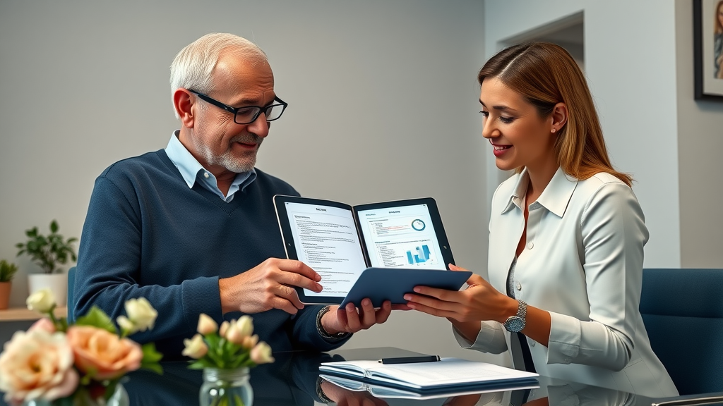 senior man reviewing burial insurance policy riders for seniors, agent, tablet, small office, flowers