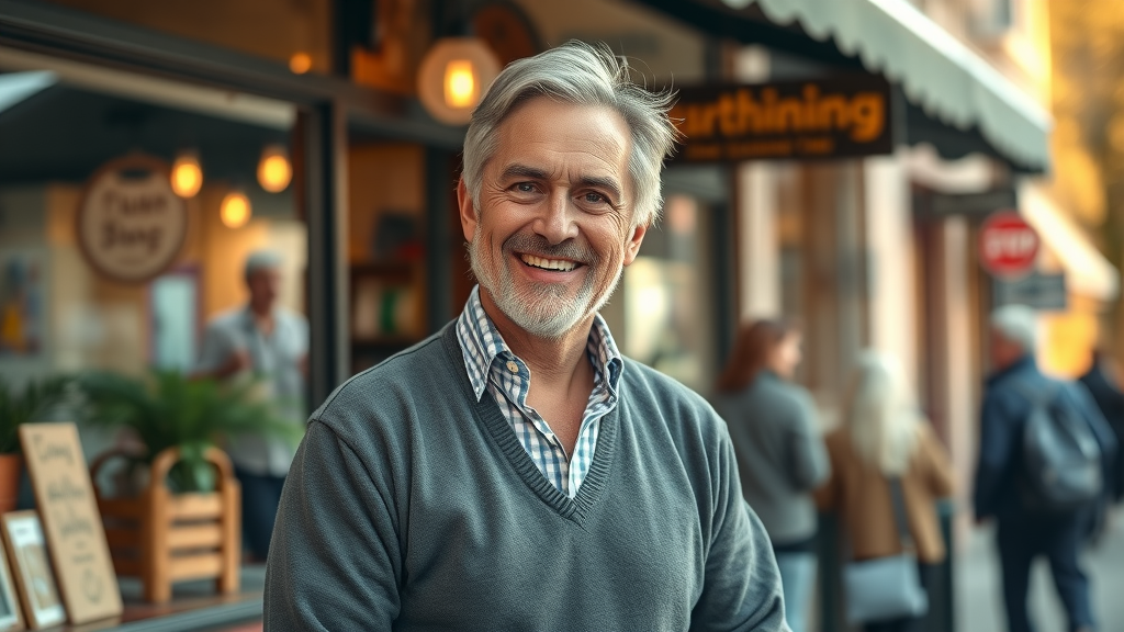 Inspirational small business owner in their late 40s, confident and content, standing in front of a cozy local shop, side hustle, small business, early retirement