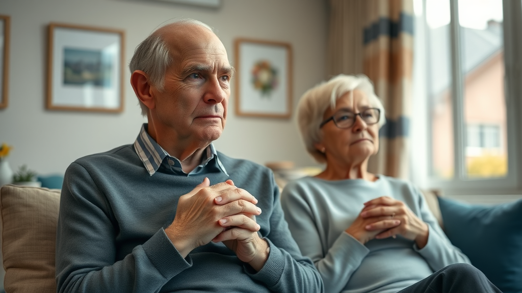 Somber elderly couple considering final expense insurance in a peaceful living room.