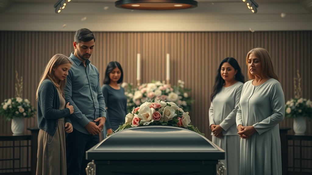 Somber family gathered for a funeral, illustrating funeral cost coverage and support between loved ones.