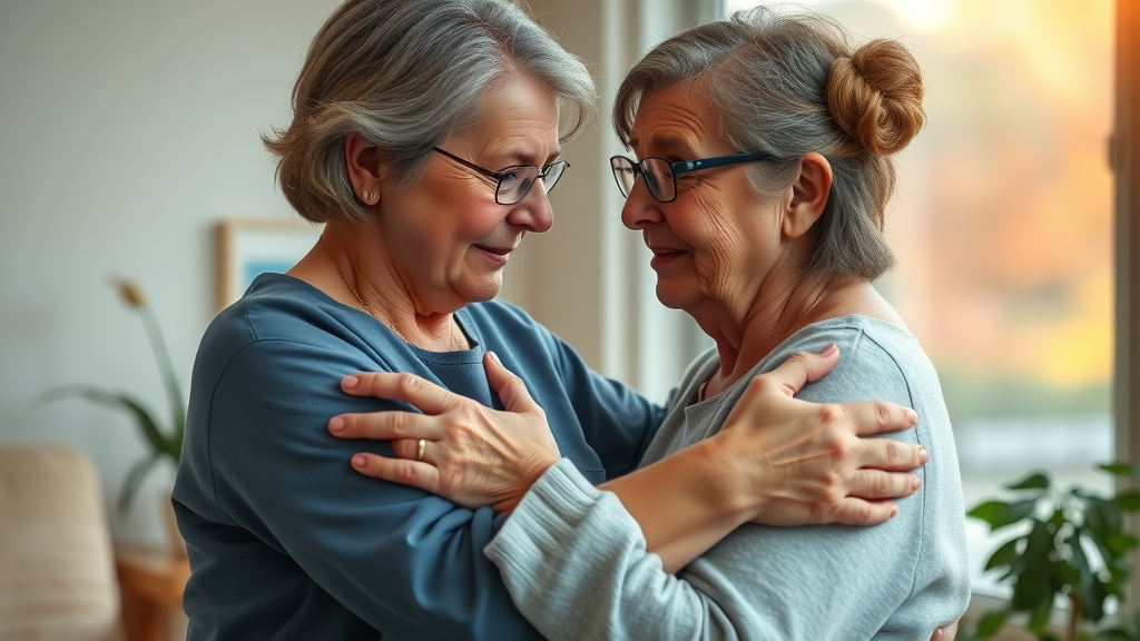 Hospice worker giving emotional support to family during end-of-life expenses planning, gentle compassion visible