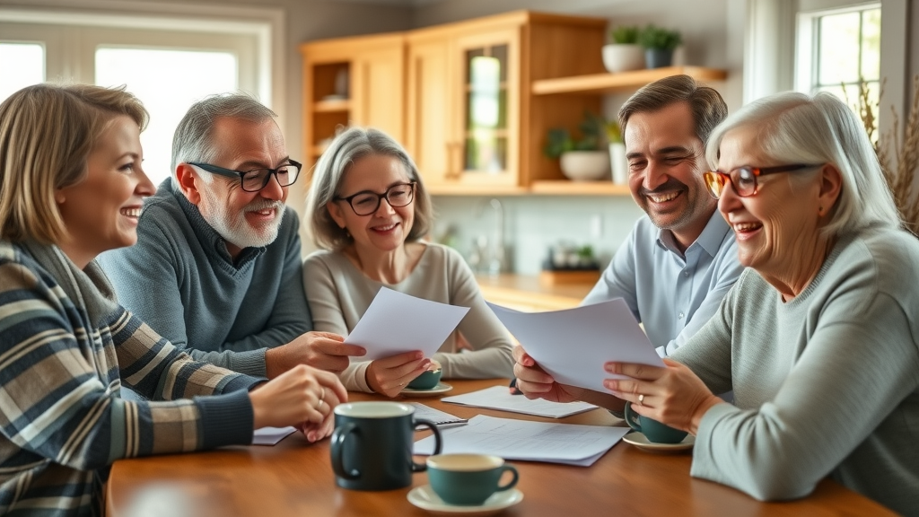 Family financial planning multigenerational family smiling gathered around kitchen table reviewing financial documents